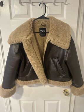 ZARA Dark Brown Faux Leather Aviator Jacket with Beige Shearling